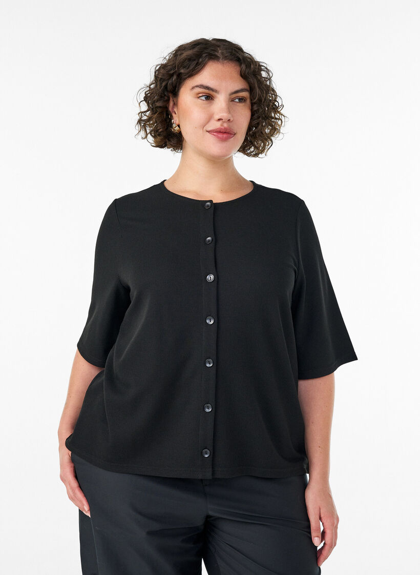 Bluse mit Rippstruktur und Knopfleiste, Schwarz, Model image number 0