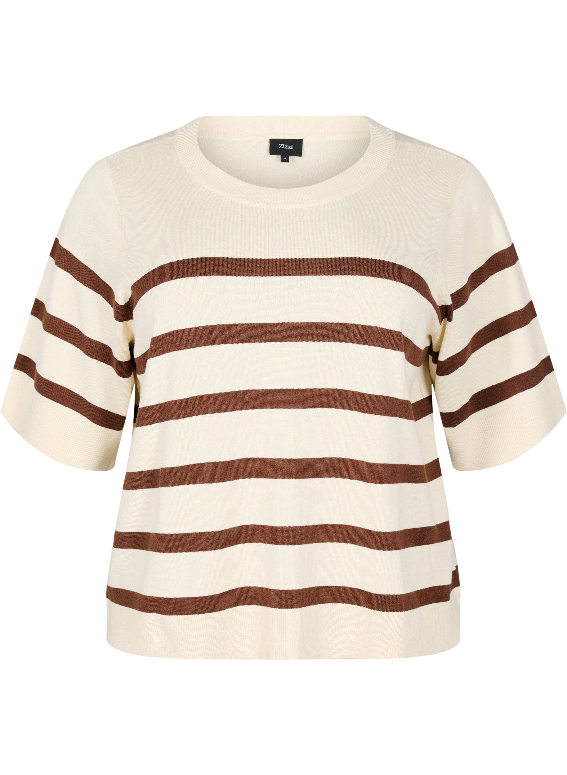 ZizziGestreiftes Stricktop mit kurzen &Auml;rmeln, Beige, Packshot image number 0