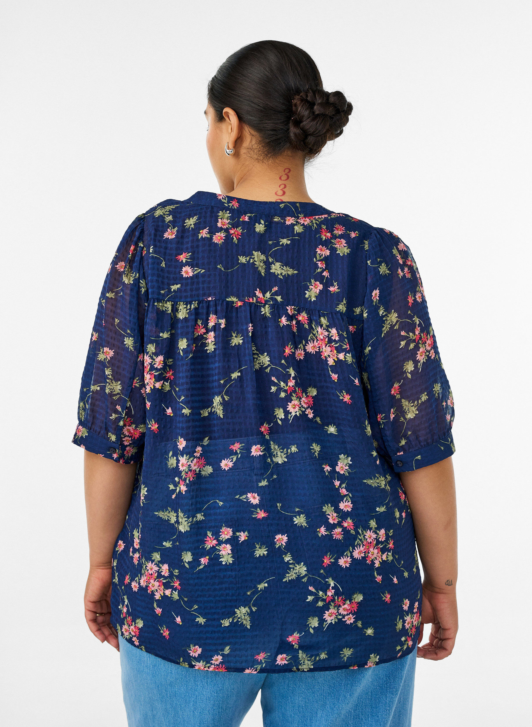 ZizziGebl&uuml;mte Bluse mit V-Ausschnitt, Blau, Model image number 2