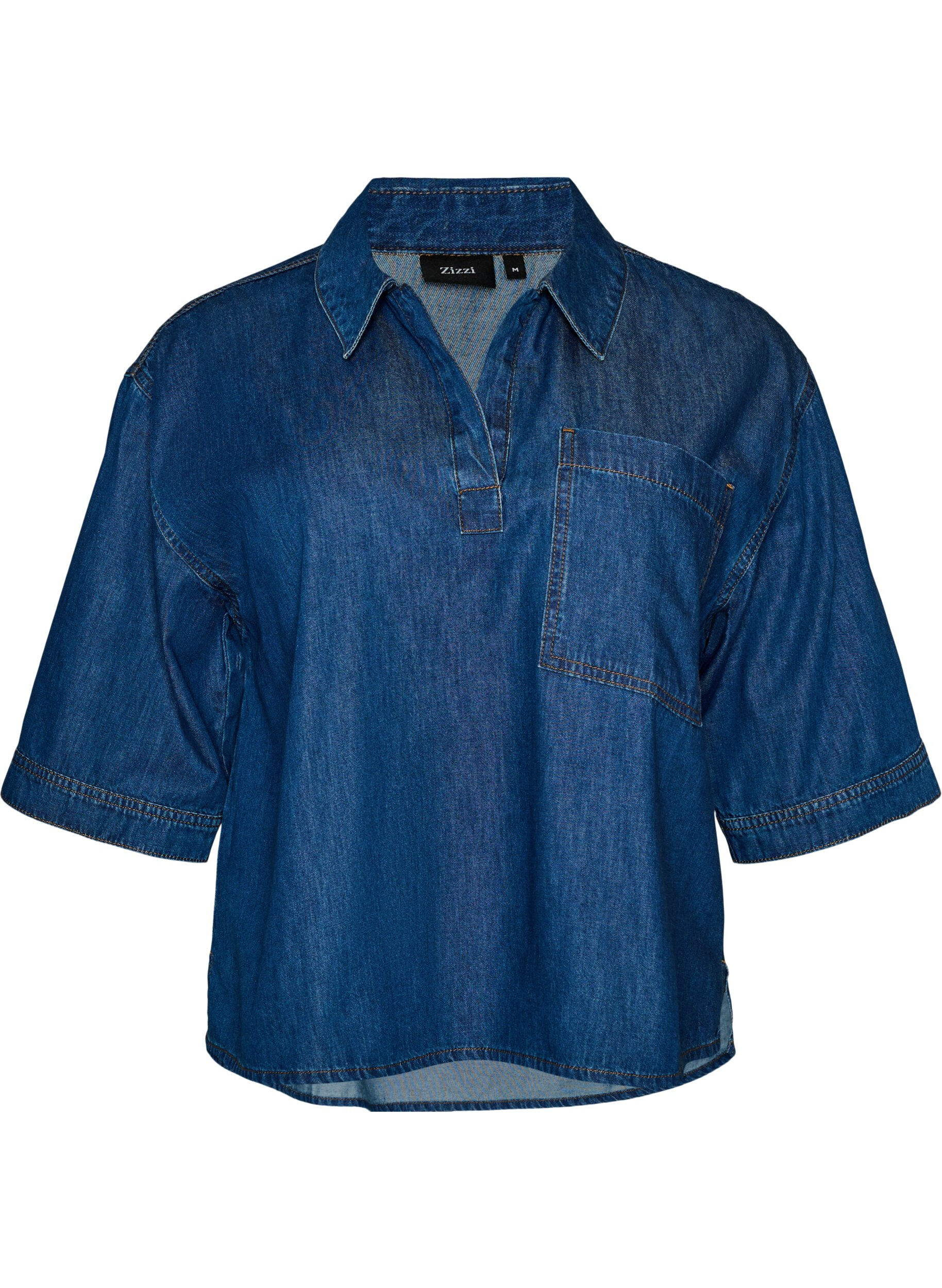 ZizziJeansbluse mit Brusttasche und ellenbogenlangen &Auml;rmeln, Blau, Packshot image number 0