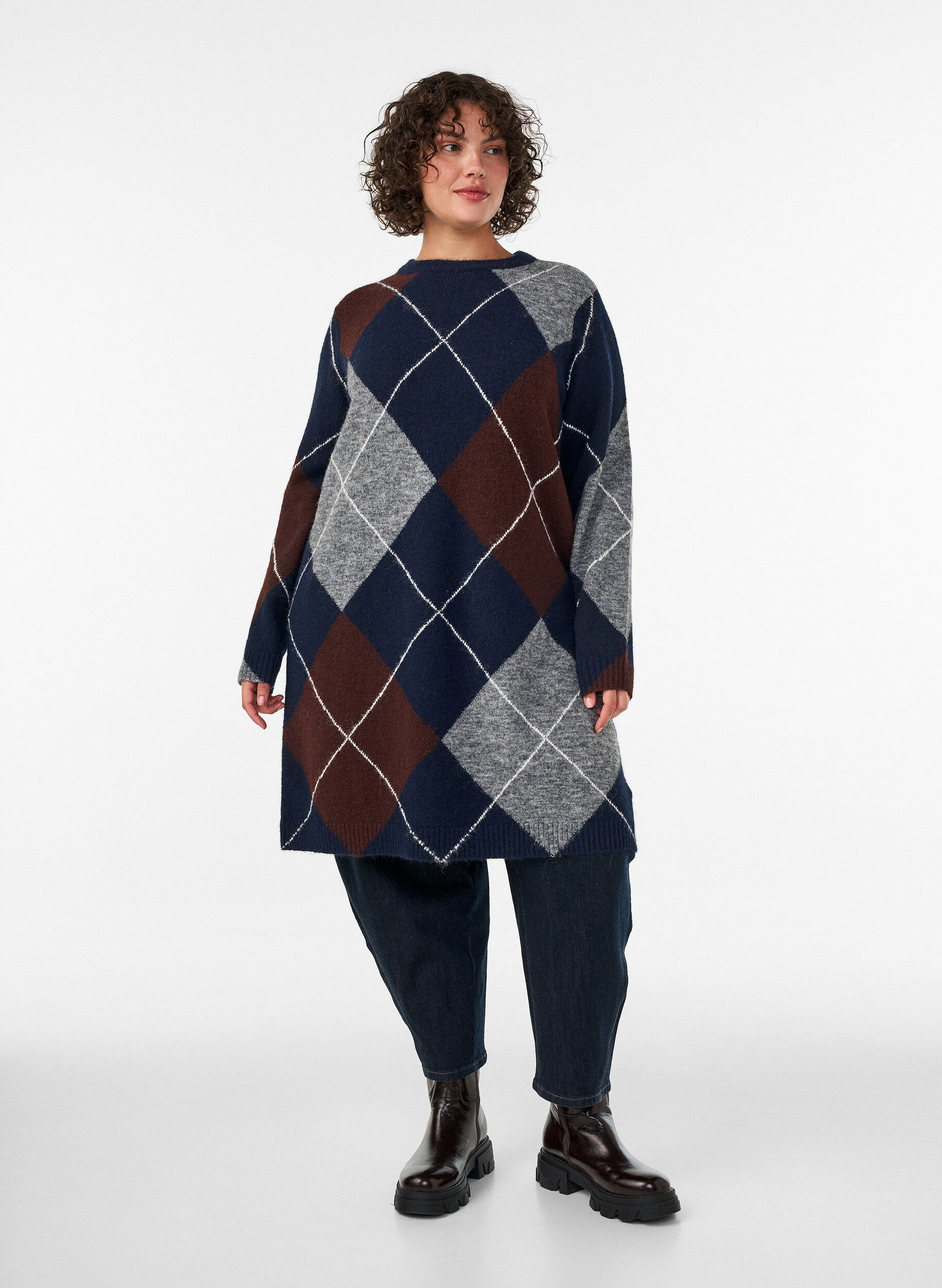 ZizziStrickkleid mit gro&szlig;em Karomuster, Blau, Model image number 1