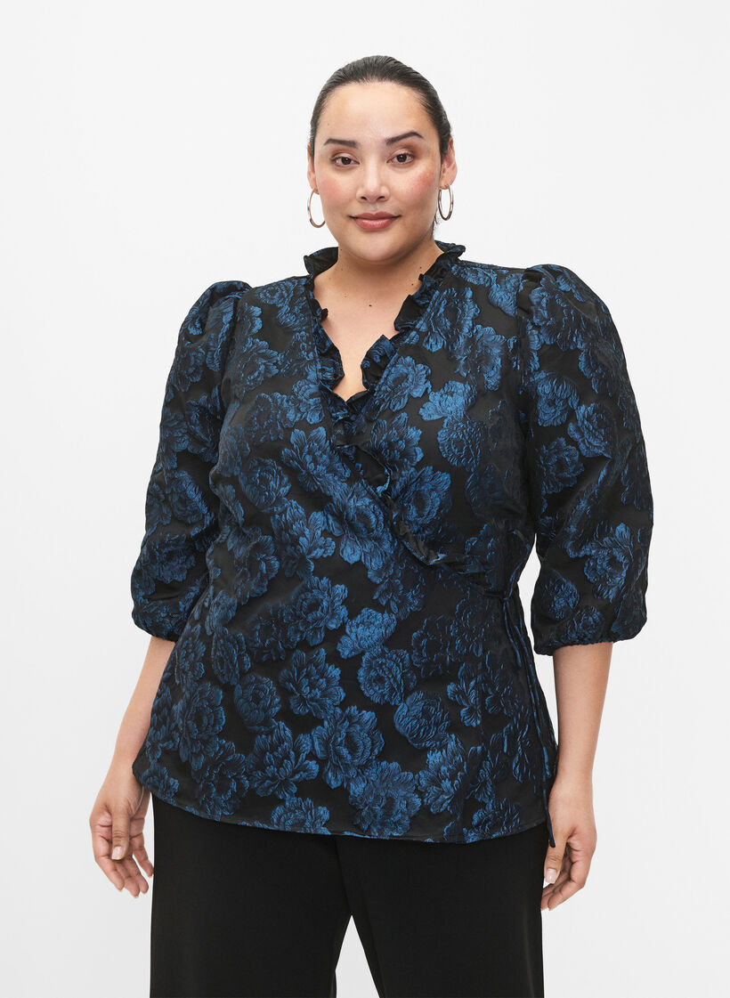 Jacquard-Wickelbluse mit 3/4-Ärmeln, Black Blue, Model image number 0