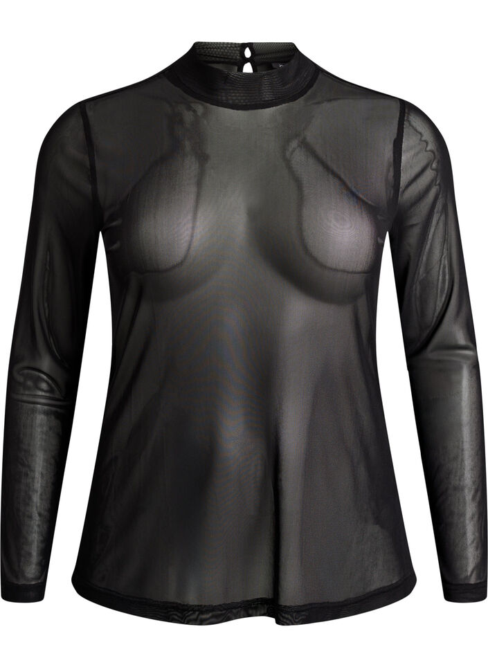 Enganliegende Mesh-Bluse mit langen &Auml;rmeln, Schwarz, Packshot