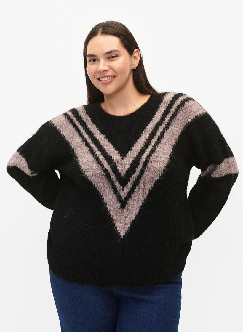 Gestrickter Pullover mit Streifendetail, Black Comb, Model image number 0