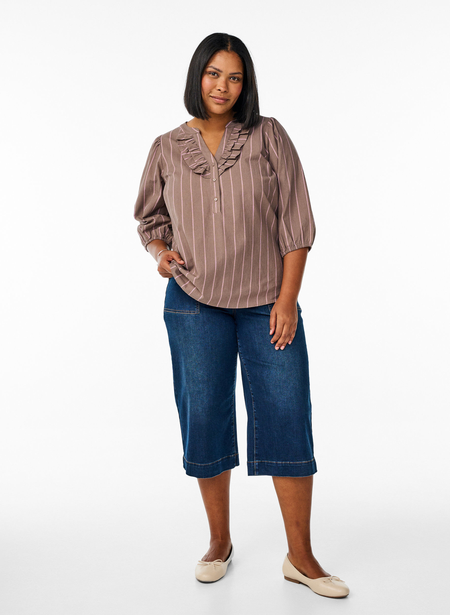 ZizziBluse aus Baumwolle mit 3/4-&Auml;rmeln und Streifenmuster, Braun, Model image number 1