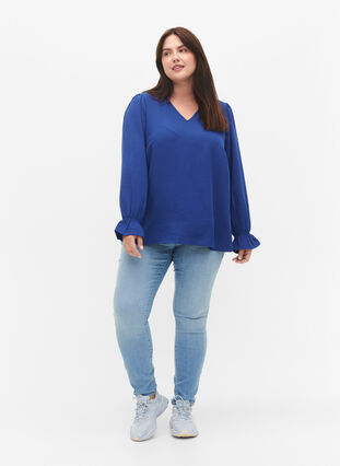 V-Ausschnitt Bluse mit langen Ärmeln, Mazarine Blue, Model image number 2