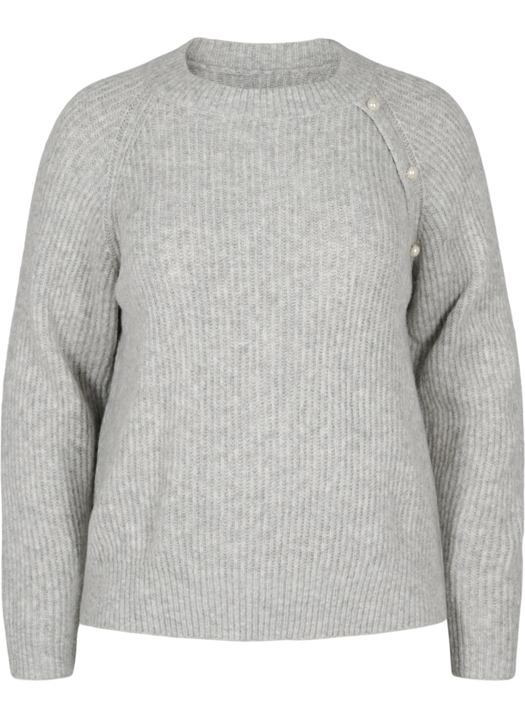 ZizziMelierter Strickpulli mit Perlenkn&ouml;pfen, Light Grey Melange, Packshot image number 0