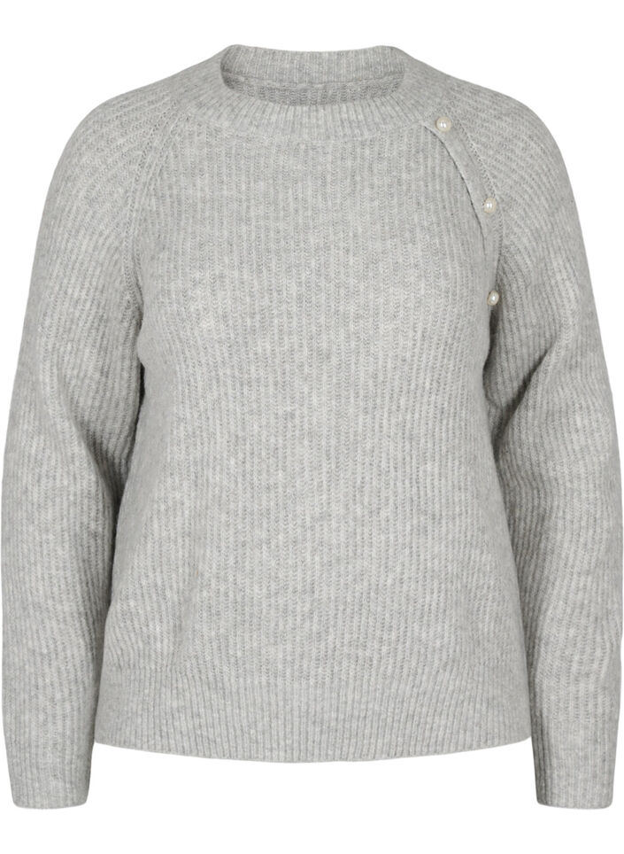 Melierter Strickpulli mit Perlenkn&ouml;pfen, Light Grey Melange, Packshot image number 0