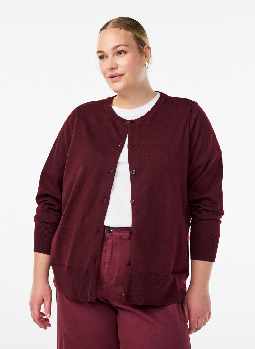 Feinstrick-Strickjacke mit Rundhalsausschnitt, Rot, Model image number 0