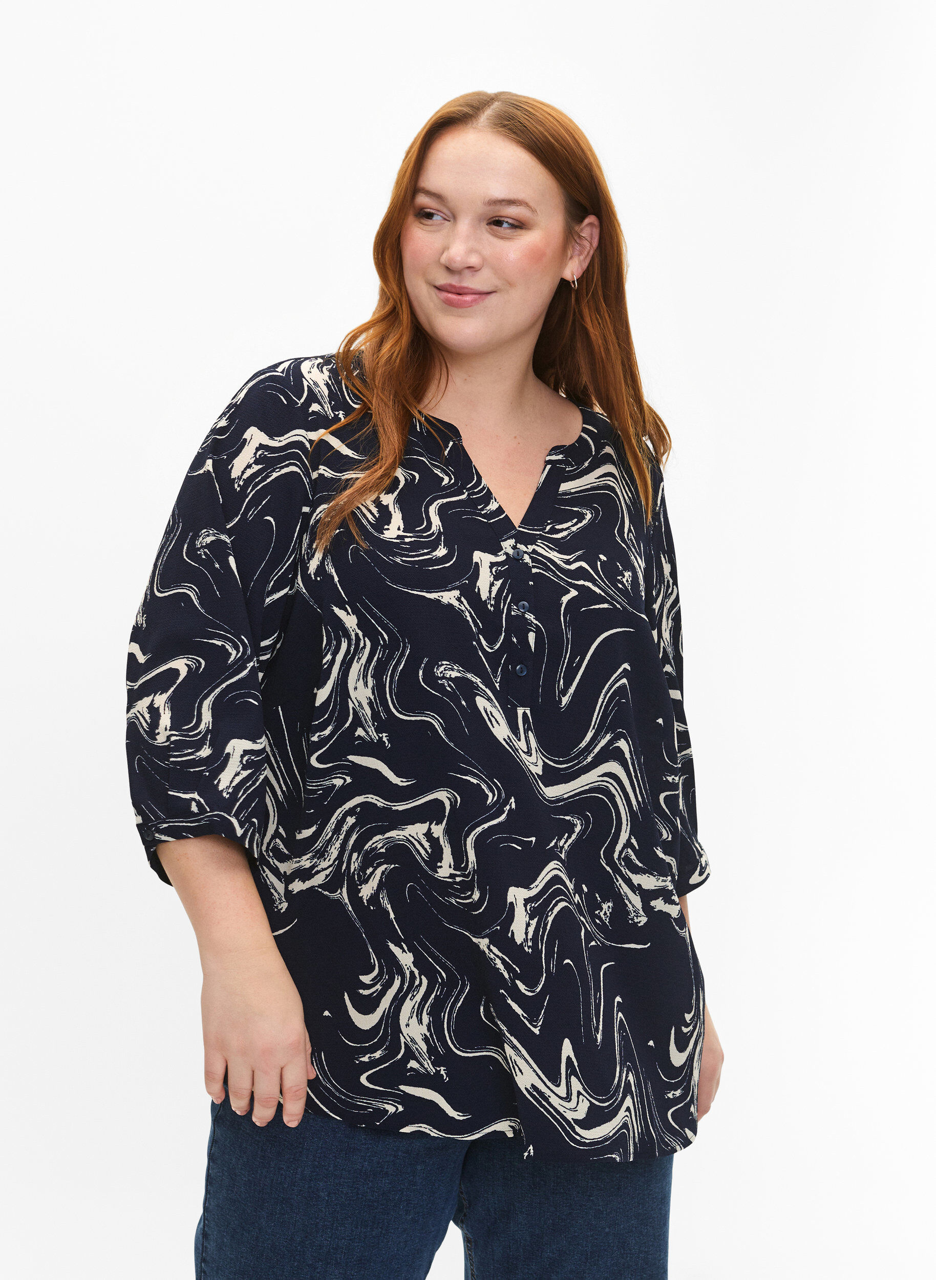 ZizziBedruckte Bluse mit 3/4-&Auml;rmeln, N. Blazer Swirl AOP, Model image number 0