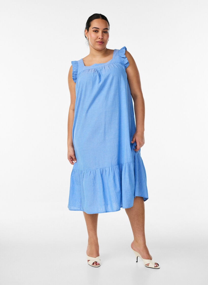 Midikleid aus Baumwolle mit R&uuml;schendetails, Blau, Model image number 0