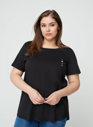 Kurzarm Baumwoll T-Shirt, Black w. Love, Model image number 0