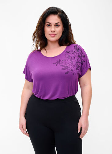 Kurzärmeliges Viskose-T-Shirt mit Blumendruck, Grape Juice Flower, Model image number 0
