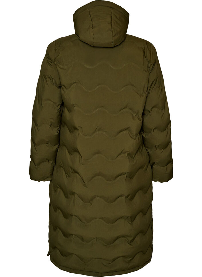 Lange Kapuzen-Steppjacke mit Wellenmuster, Gr&uuml;n, Packshot
