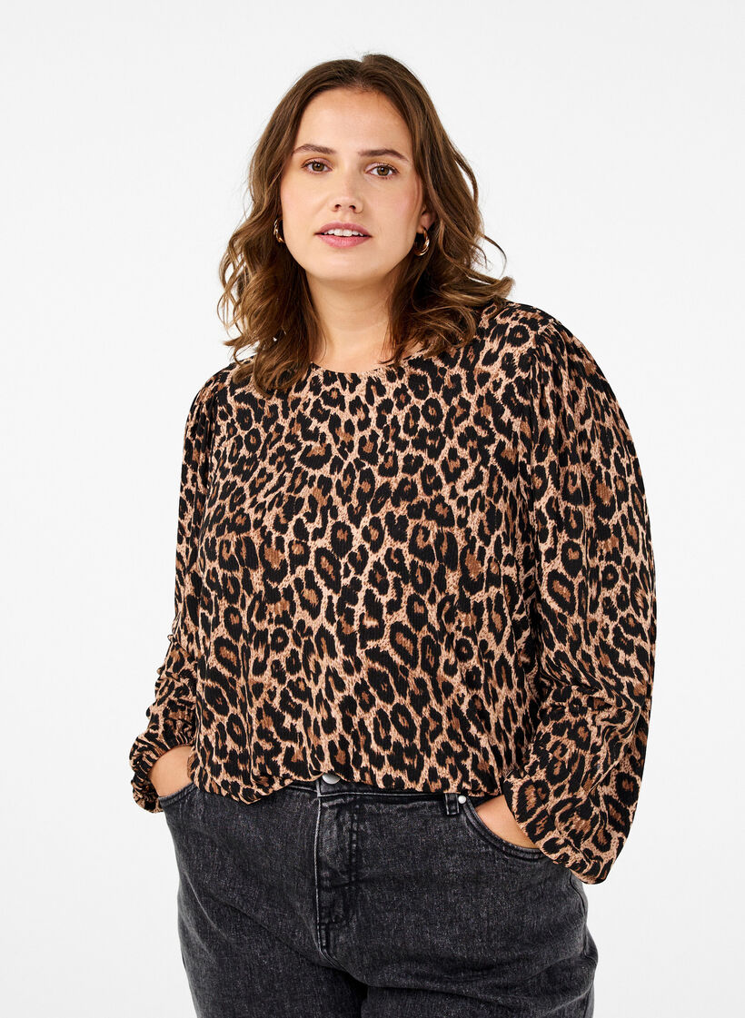 Bluse mit langen &Auml;rmeln und Leopardenmuster, Braun, Model image number 0