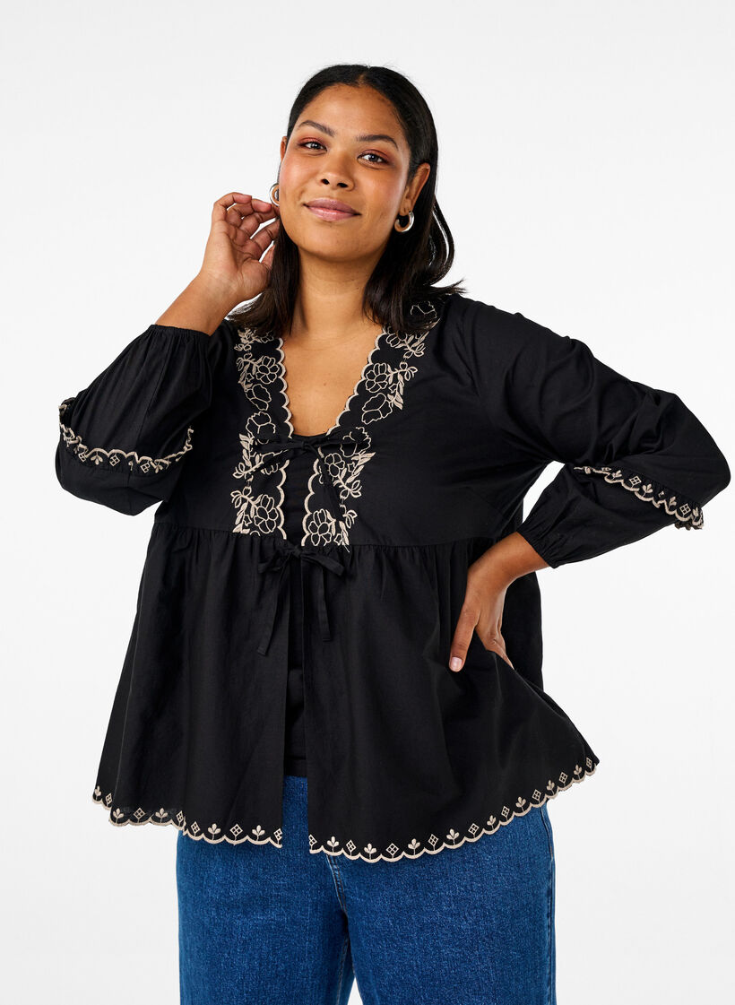 Bluse mit offener Vorderseite und aufwendigen Stickereien, Schwarz, Model image number 0