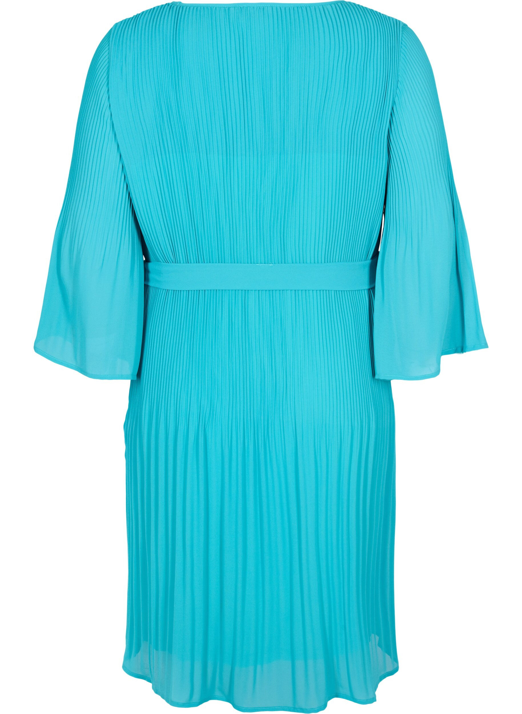 ZizziPlissiertes Kleid mit 3/4-&Auml;rmeln, Turquoise, Packshot image number 1