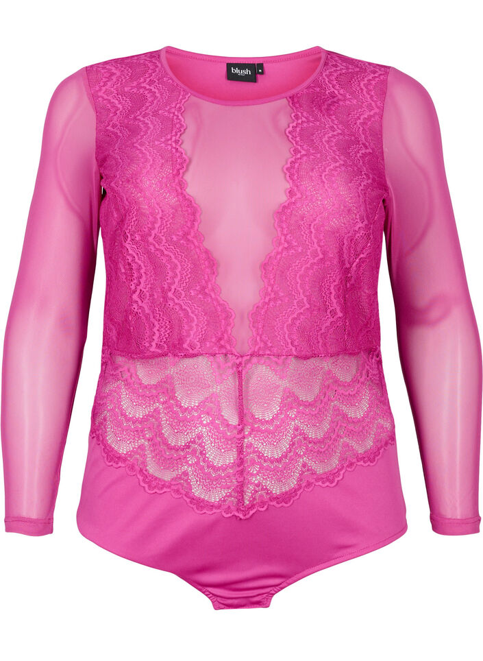 Bodystocking mit Spitze und Mesh, Fuchsia Red, Packshot image number 0