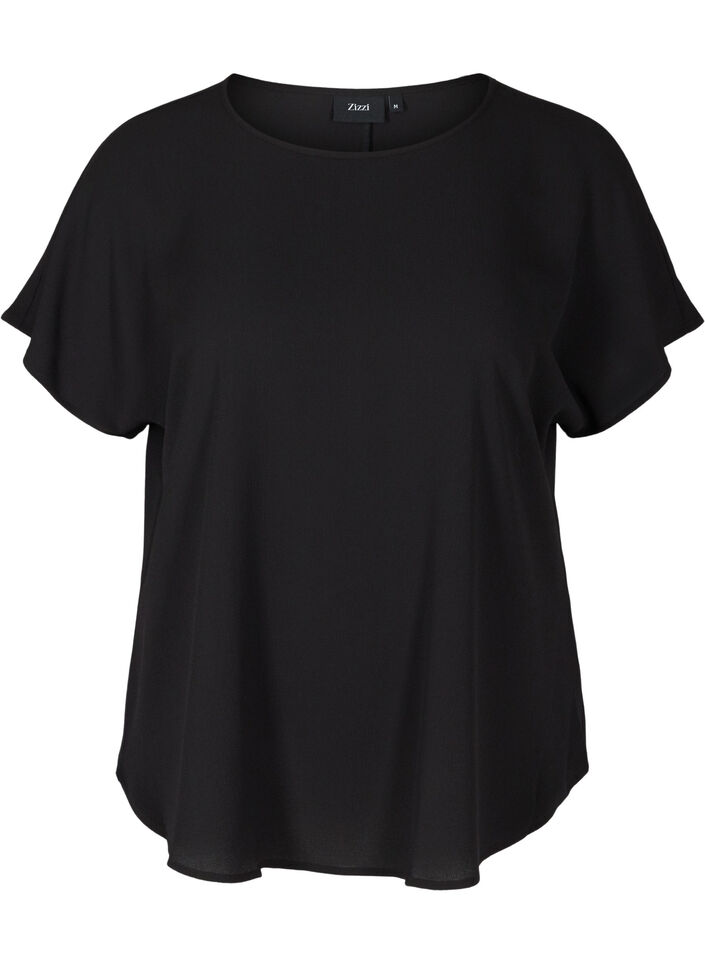 Bluse mit kurzen &Auml;rmeln und Rundhalsausschnitt, Schwarz, Packshot image number 0