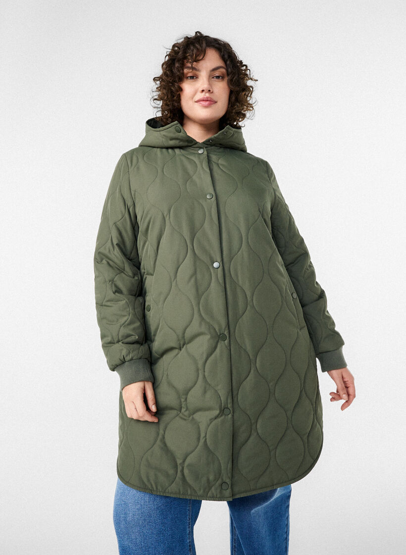 Mittellange Steppjacke mit Kapuze, Gr&uuml;n, Model image number 3