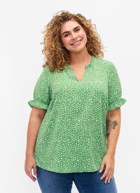 Kurzärmelige Bluse mit Druck, Green Ditsy, Model