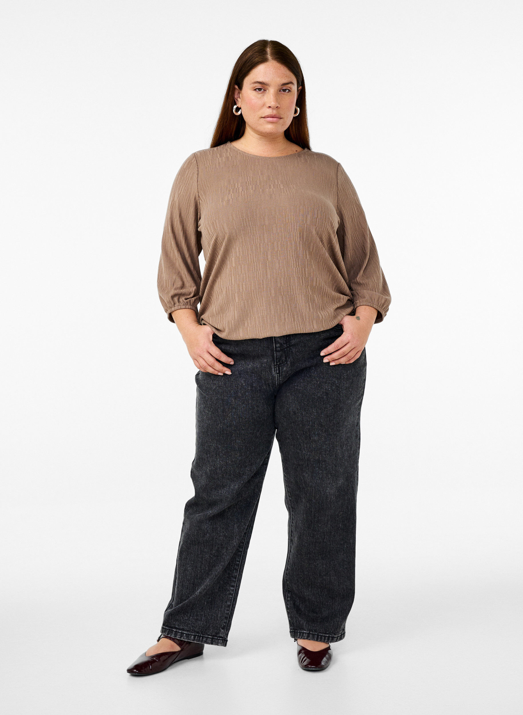 ZizziBluse mit Struktur und 3/4-&Auml;rmeln, Braun, Model image number 1