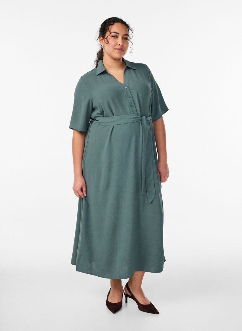 Midi Hemdblusenkleid mit Bindeg&uuml;rtel, Gr&uuml;n, Model image number 0