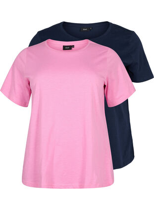 2er-Pack basic T-Shirts aus Baumwolle, Rosebloom/Navy B, Packshot image number 0