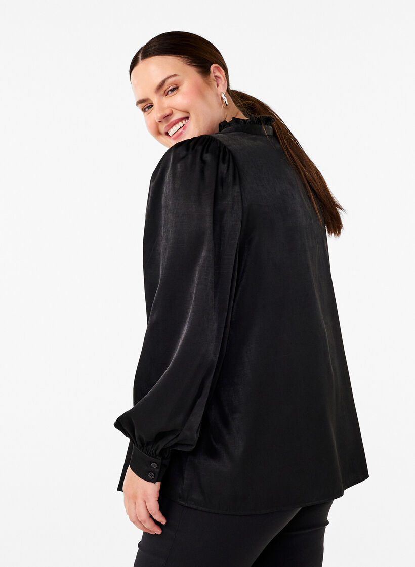  Langärmelige Bluse mit Rüschen und V-Ausschnitt, Black, Model image number 1