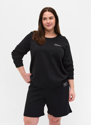 Baumwollsweatshirt mit Textaufdruck, Black, Model image number 0