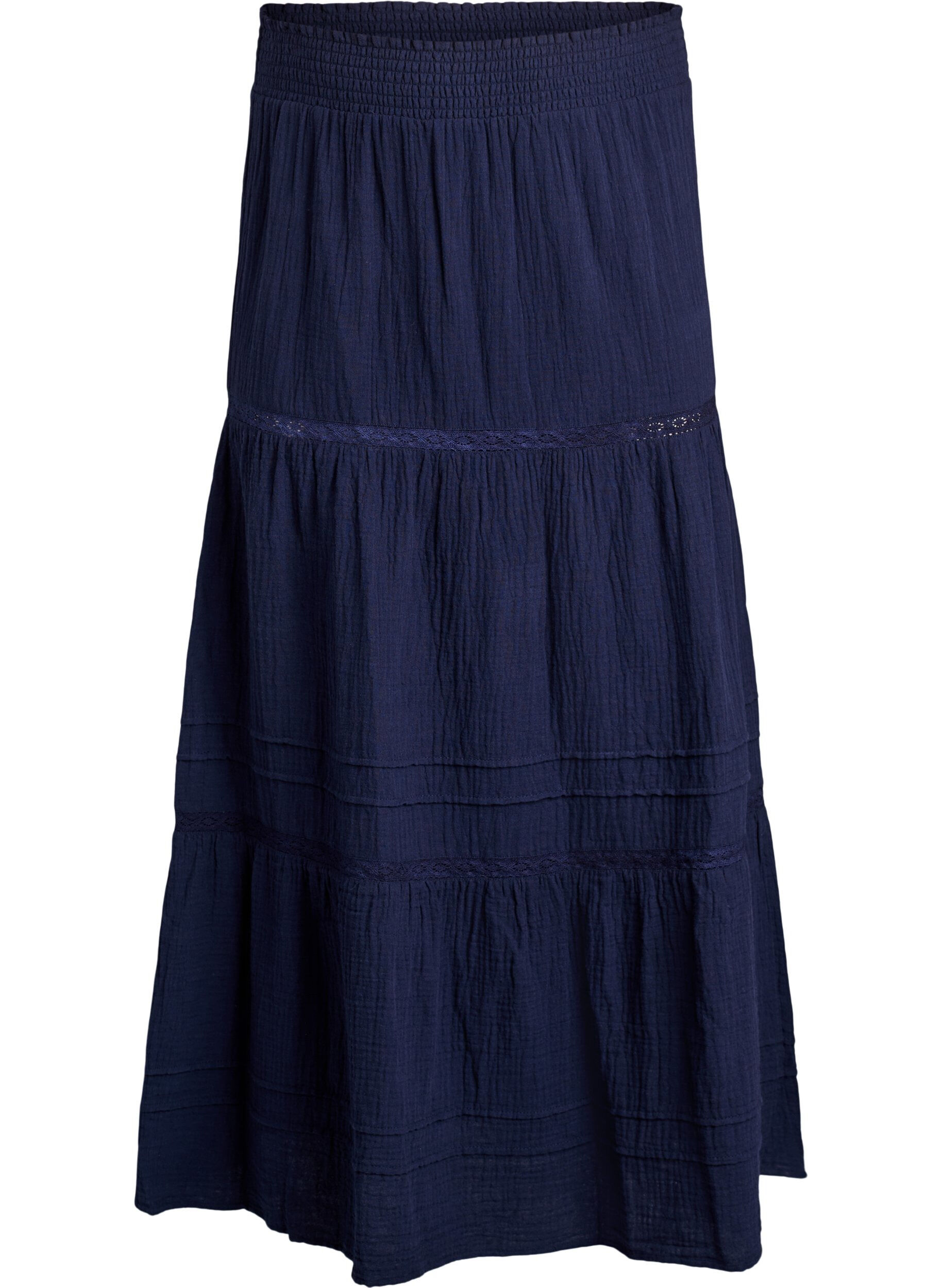 ZizziMidirock in A-Linie aus Baumwoll-Musselin mit H&auml;kelborte, Blau, Packshot image number 0