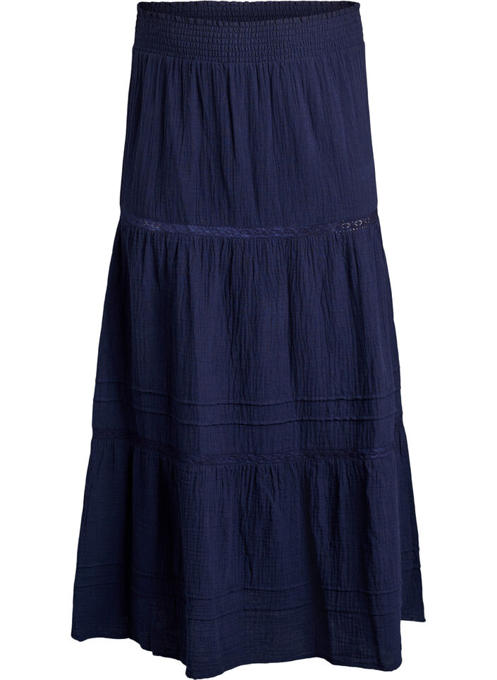 Midirock in A-Linie aus Baumwoll-Musselin mit H&auml;kelborte, Blau, Packshot image number 0