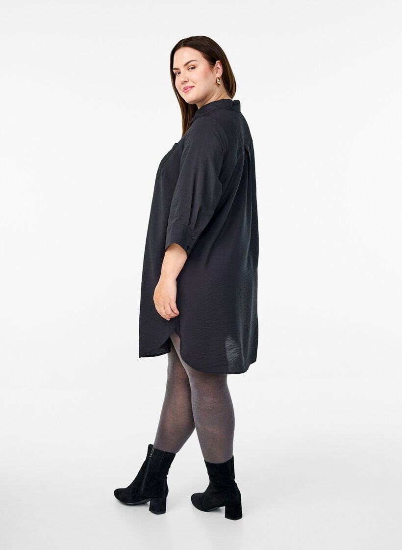 Kleid mit Kragen und Brusttasche, Schwarz, Model image number 2