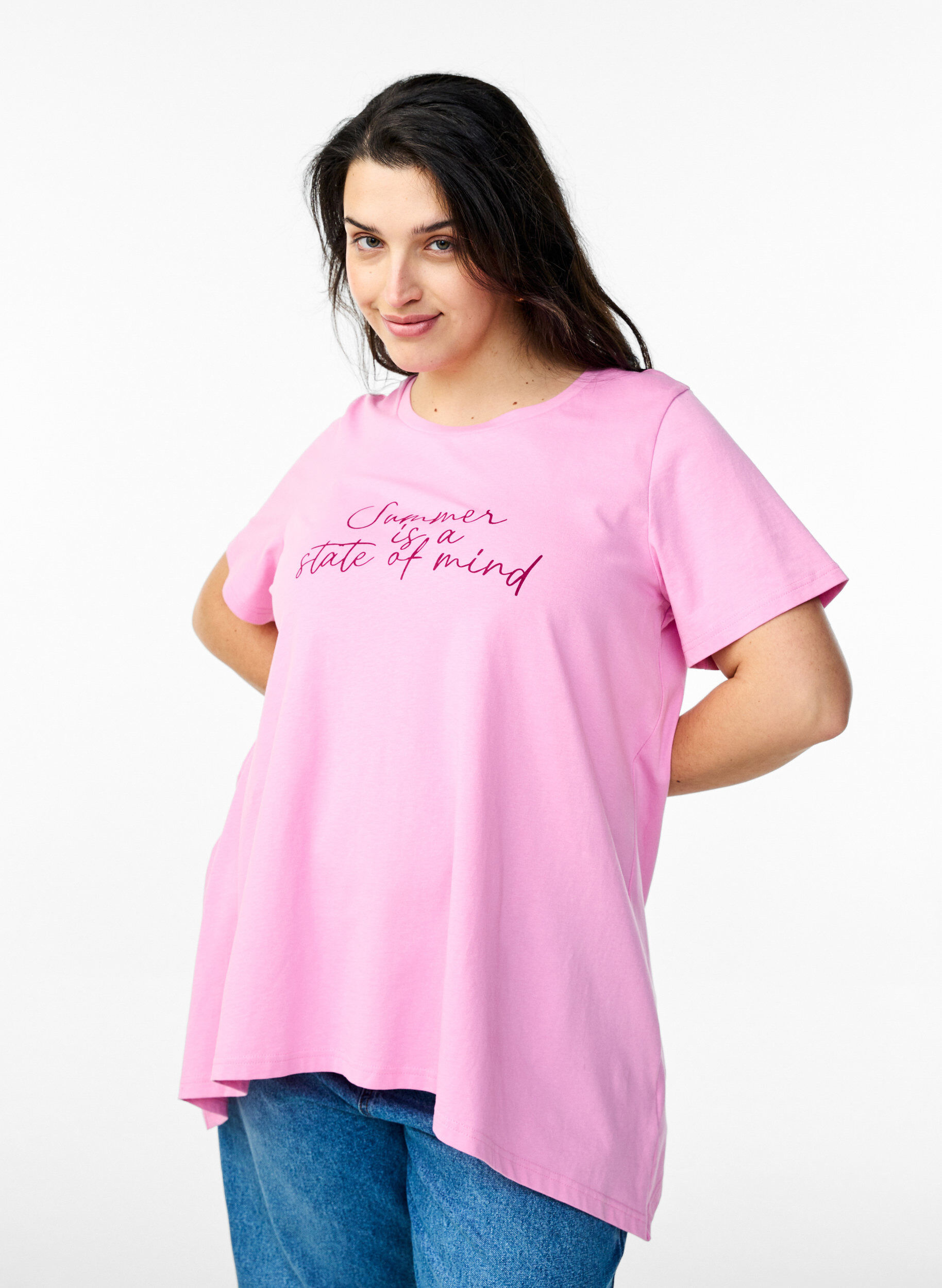 T-Shirt mit Rundhalsausschnitt und A-Linie, Pink, Model