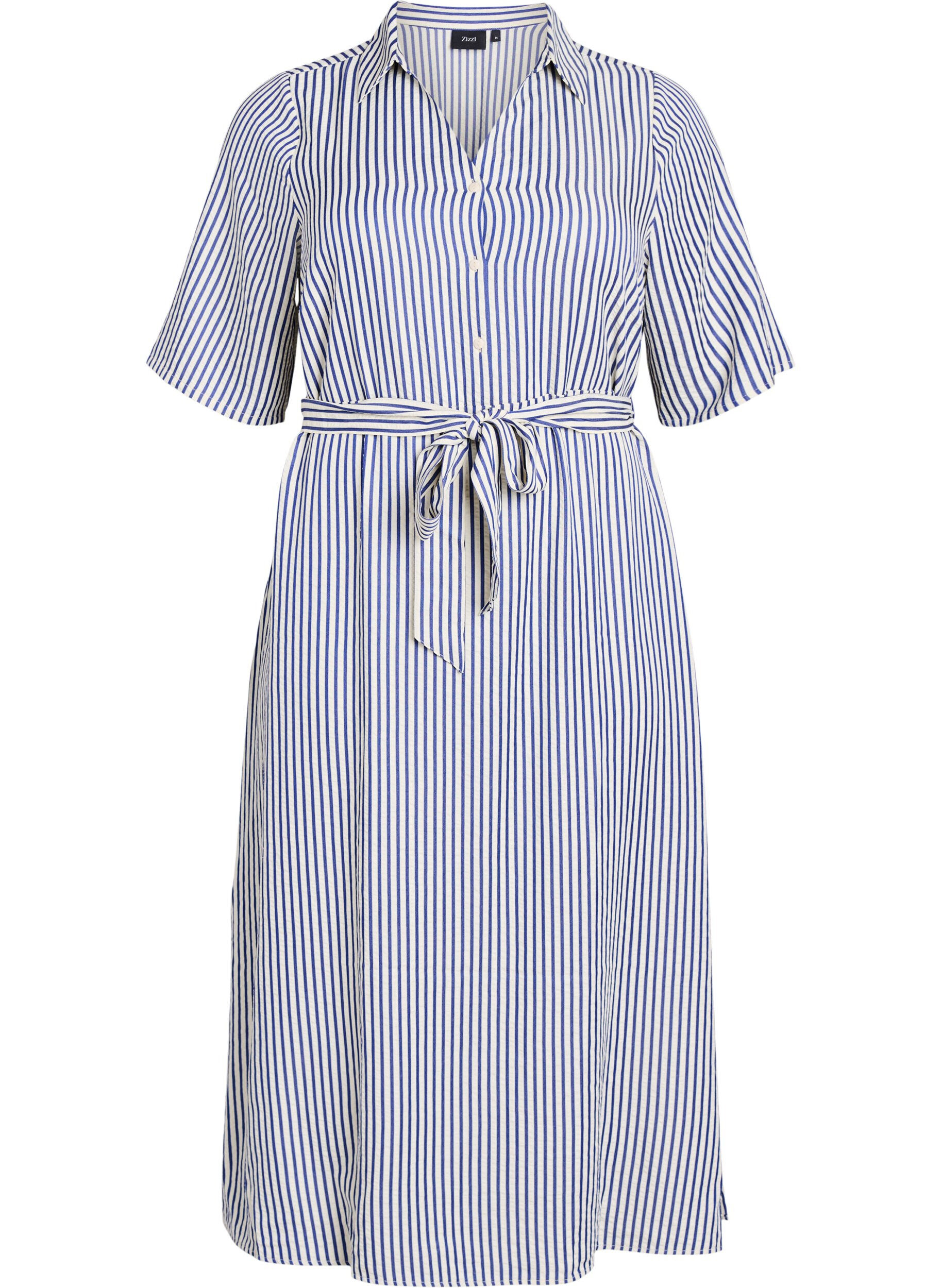 ZizziKn&ouml;chellanges Hemdblusenkleid mit Bindeg&uuml;rtel und Streifen, Blau, Packshot image number 0
