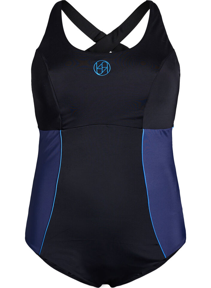 Sportbadeanzug mit überkreuzten Trägern, Schwarz, Packshot image number 0