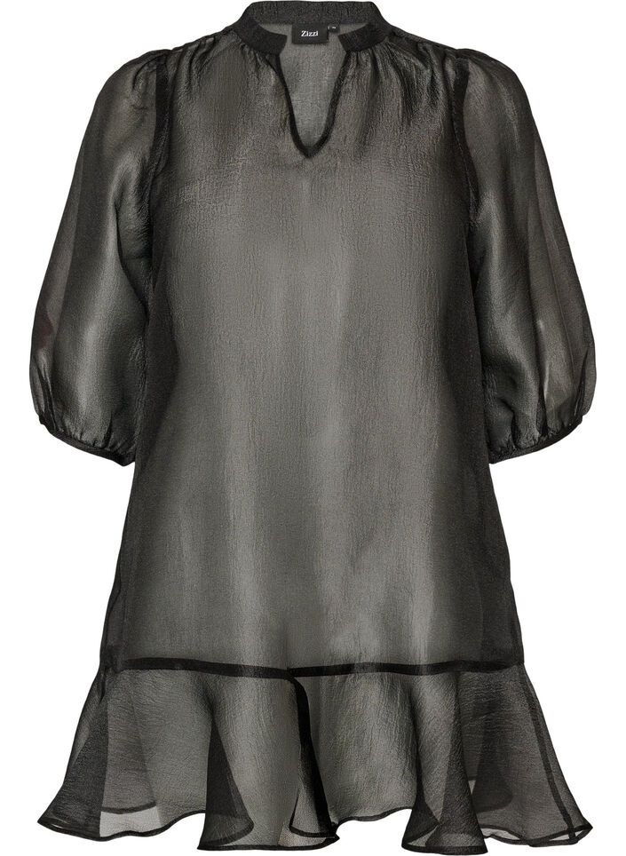 Kurzes Kleid aus Organza mit R&uuml;schensaum, Schwarz, Packshot image number 0