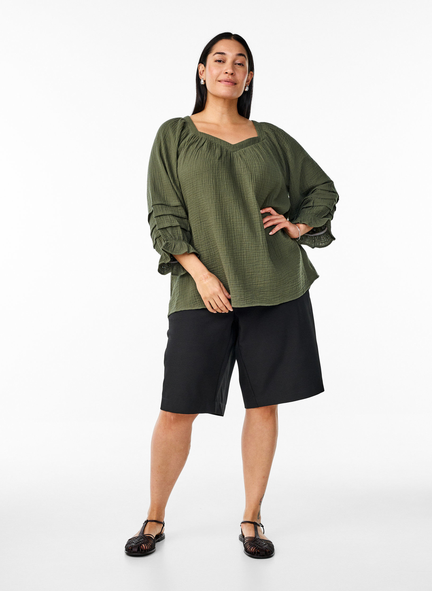 ZizziBluse aus Baumwoll-Musselin mit 3/4-&Auml;rmeln, Thyme, Model image number 2