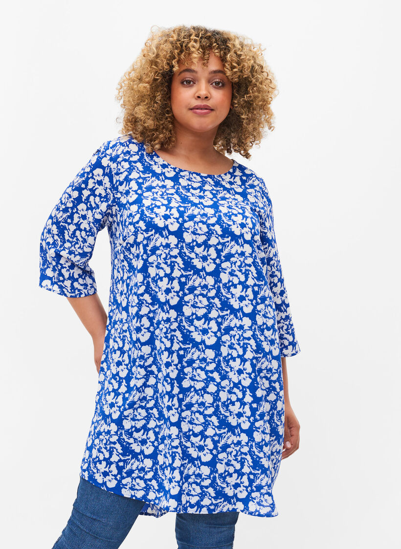 Kleid mit Print und 3/4 Armen, Blue White Flower, Model image number 0