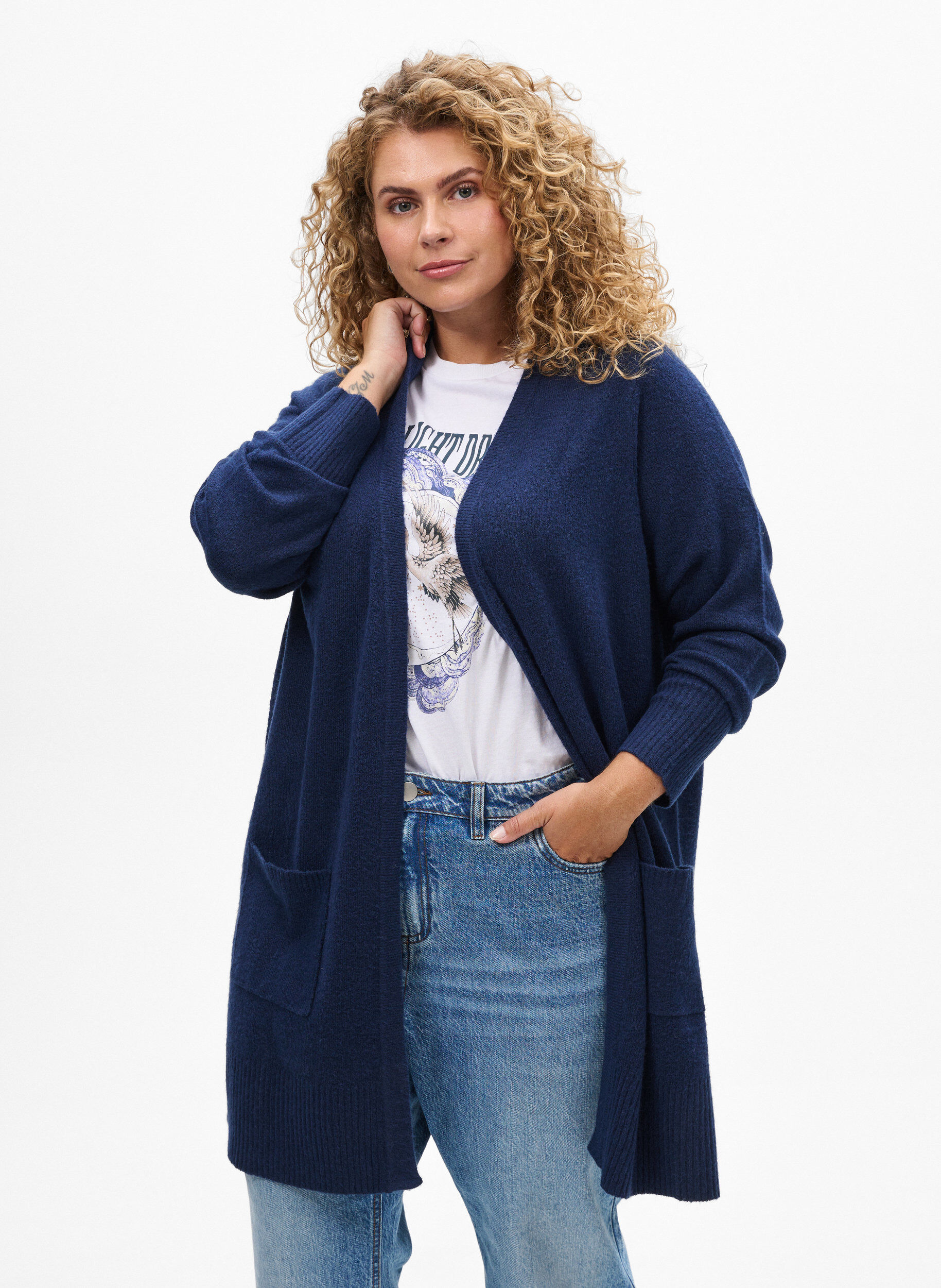 ZizziStrickjacke mit Rippenstrick und Taschen, Blau, Model image number 0