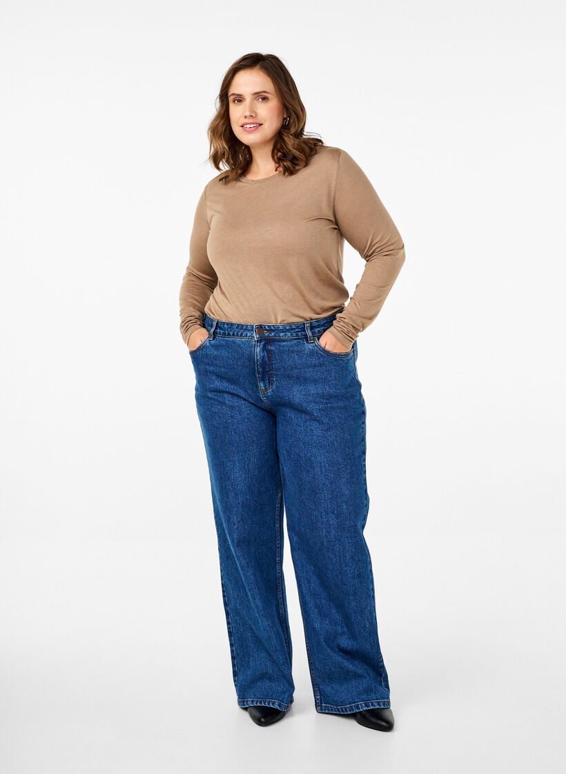 Langärmelige Bluse aus Wolle und Viskose, Braun, Model image number 1