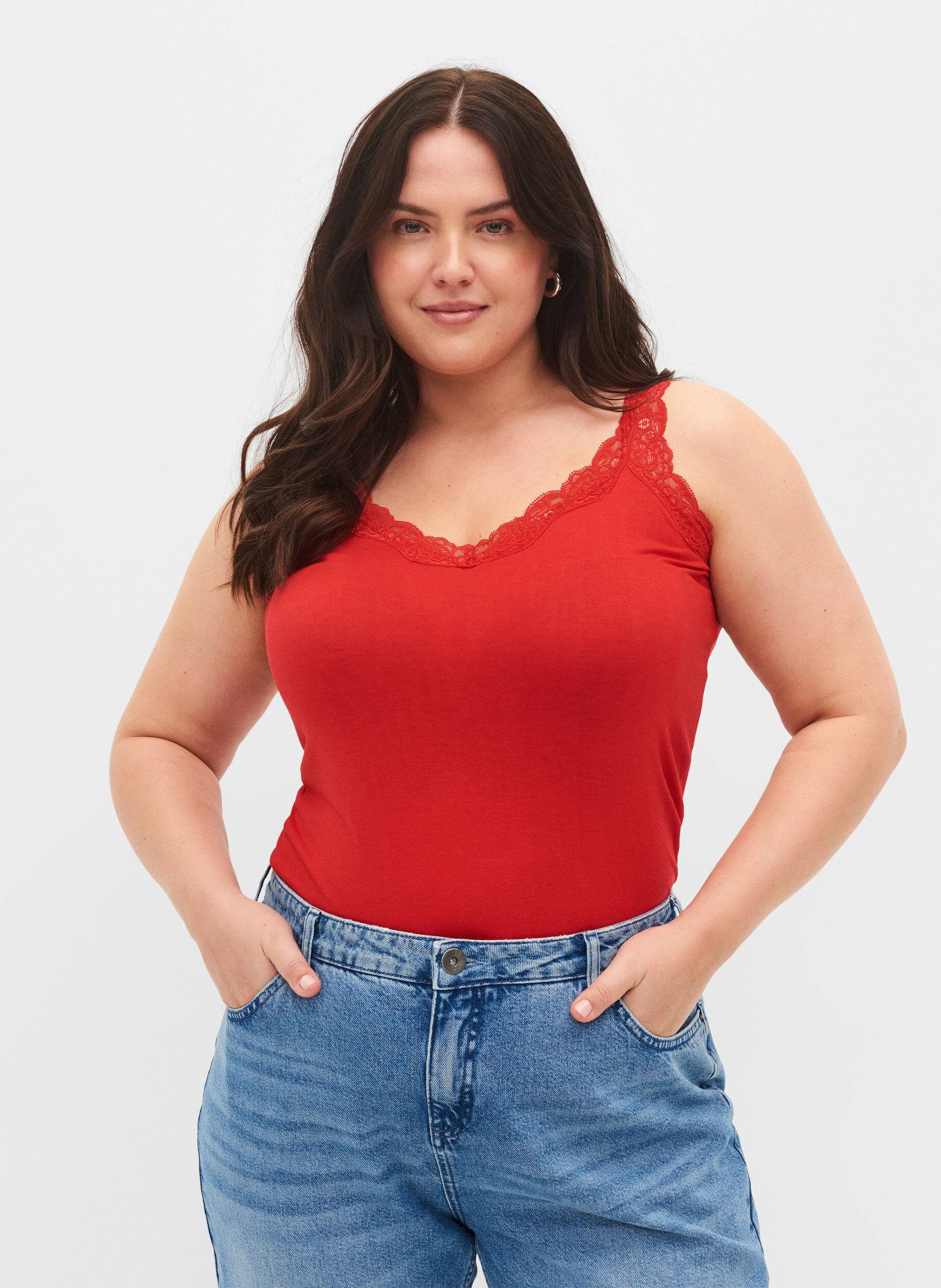 Zizzi2er-Pack Tops mit Spitze, Black/Chinese Red, Model image number 0