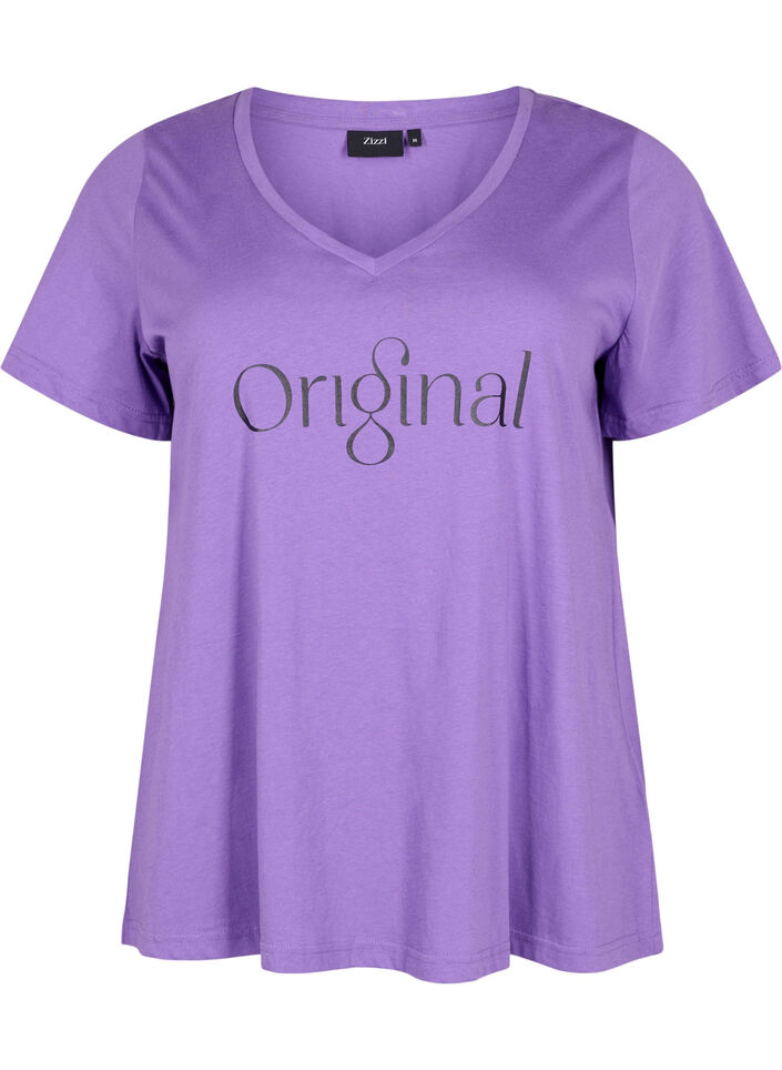 T-Shirt aus Baumwolle mit Druck und V-Ausschnitt , Deep Lavender ORI, Packshot image number 0
