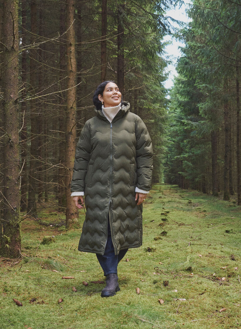 Lange Kapuzen-Steppjacke mit Wellenmuster, Gr&uuml;n, Image image number 0
