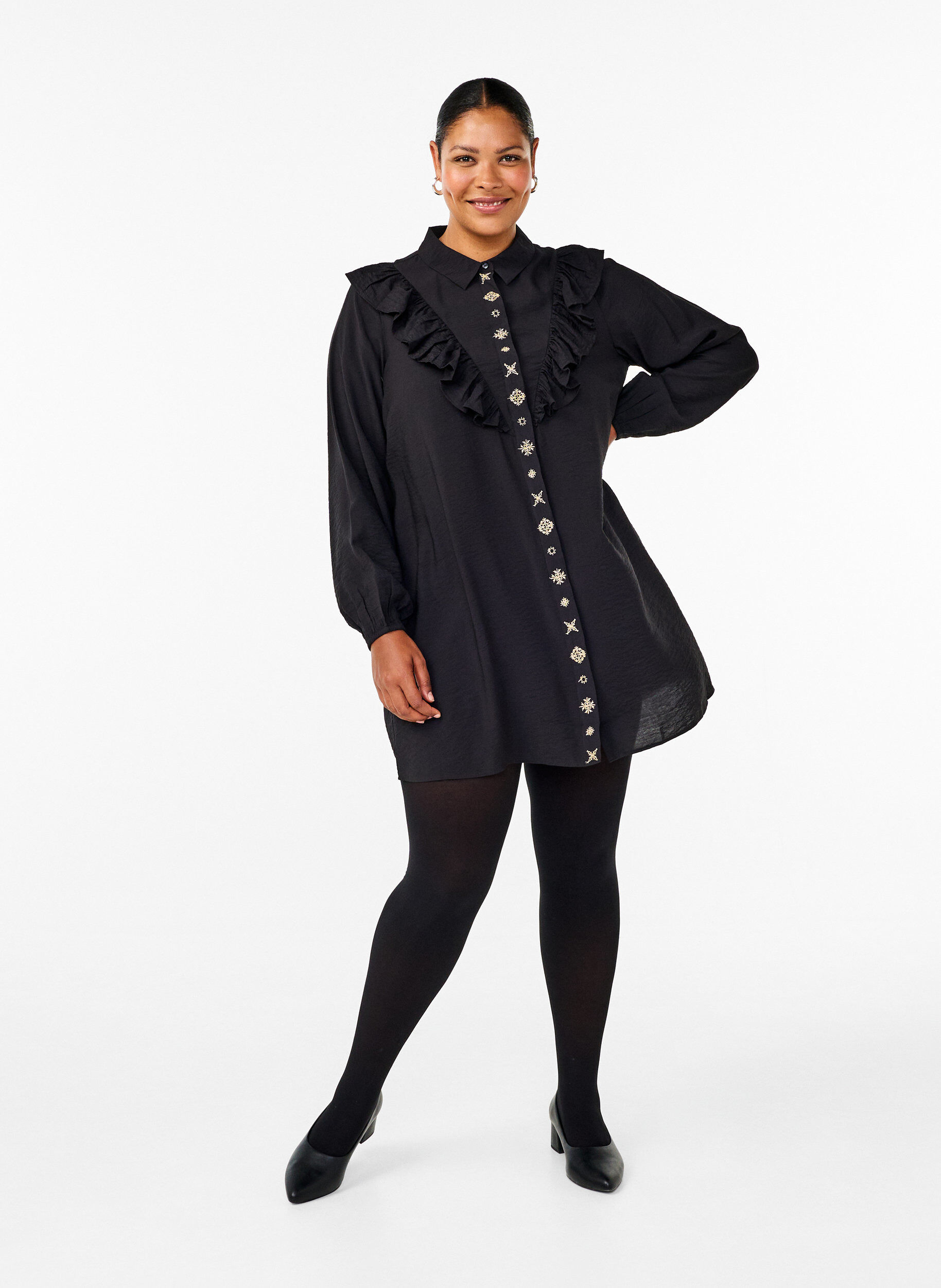 ZizziHemdblusenkleid mit R&uuml;schen und Stickereien, Black, Model image number 3