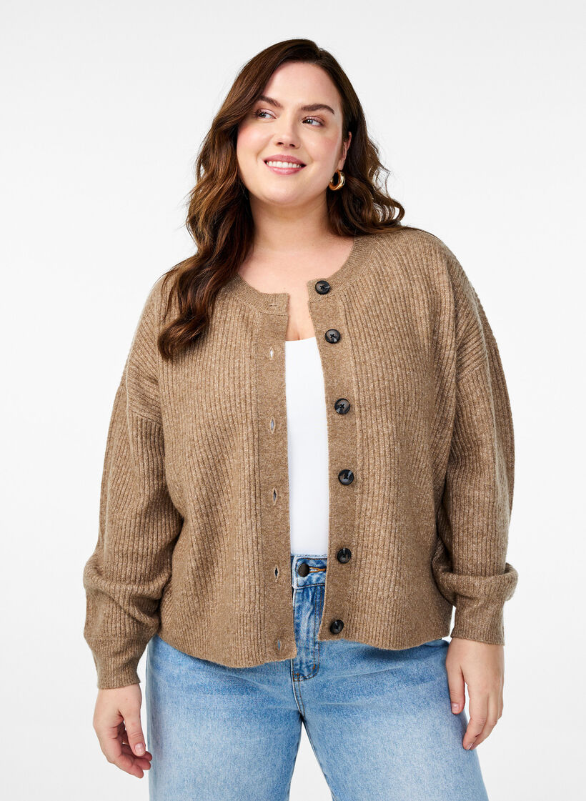 Rippenstrick Strickjacke mit Kn&ouml;pfen, Braun, Model image number 0