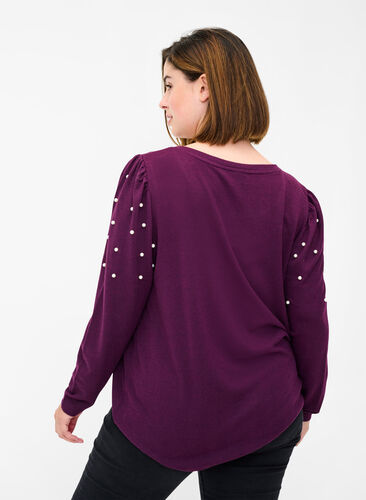 Langarm Bluse und dekorative Perlen, Purple Melange, Model image number 1
