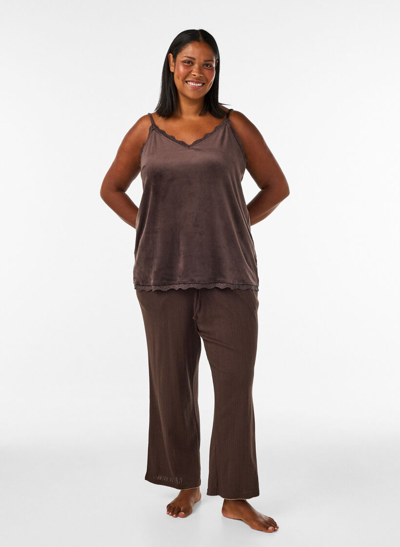 Top aus Velours mit Spitzen, Braun, Model image number 1