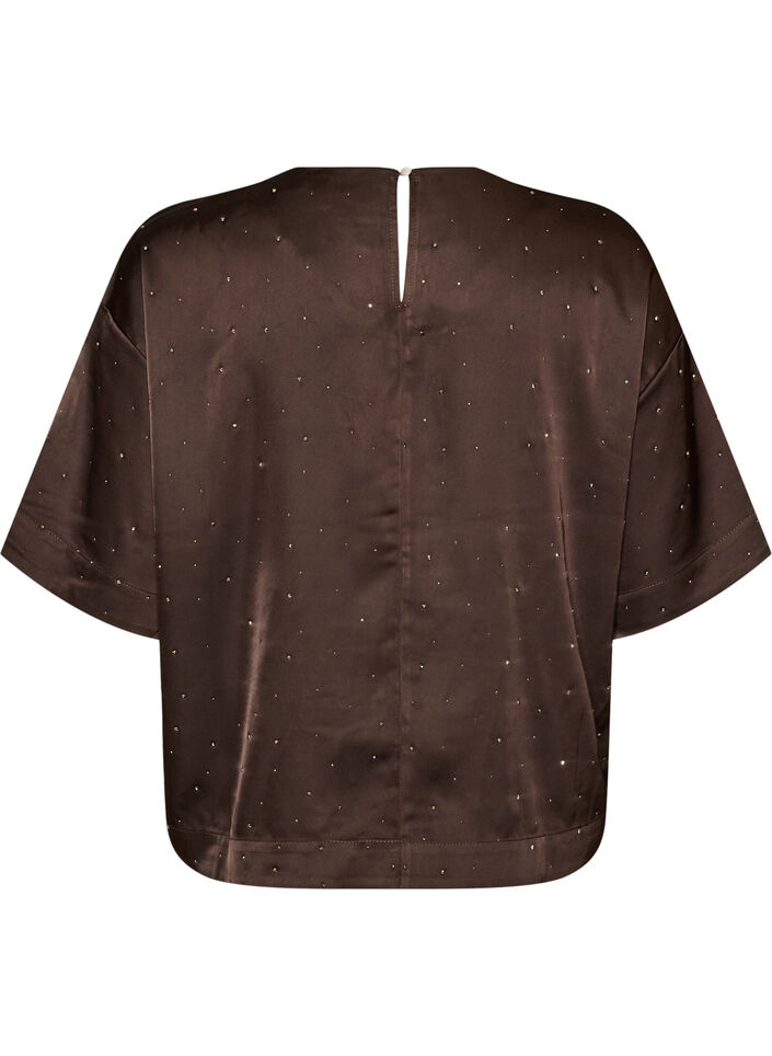 Satinbluse mit Strasssteinen und ellenbogenlangen &Auml;rmeln, Braun, Packshot image number 1