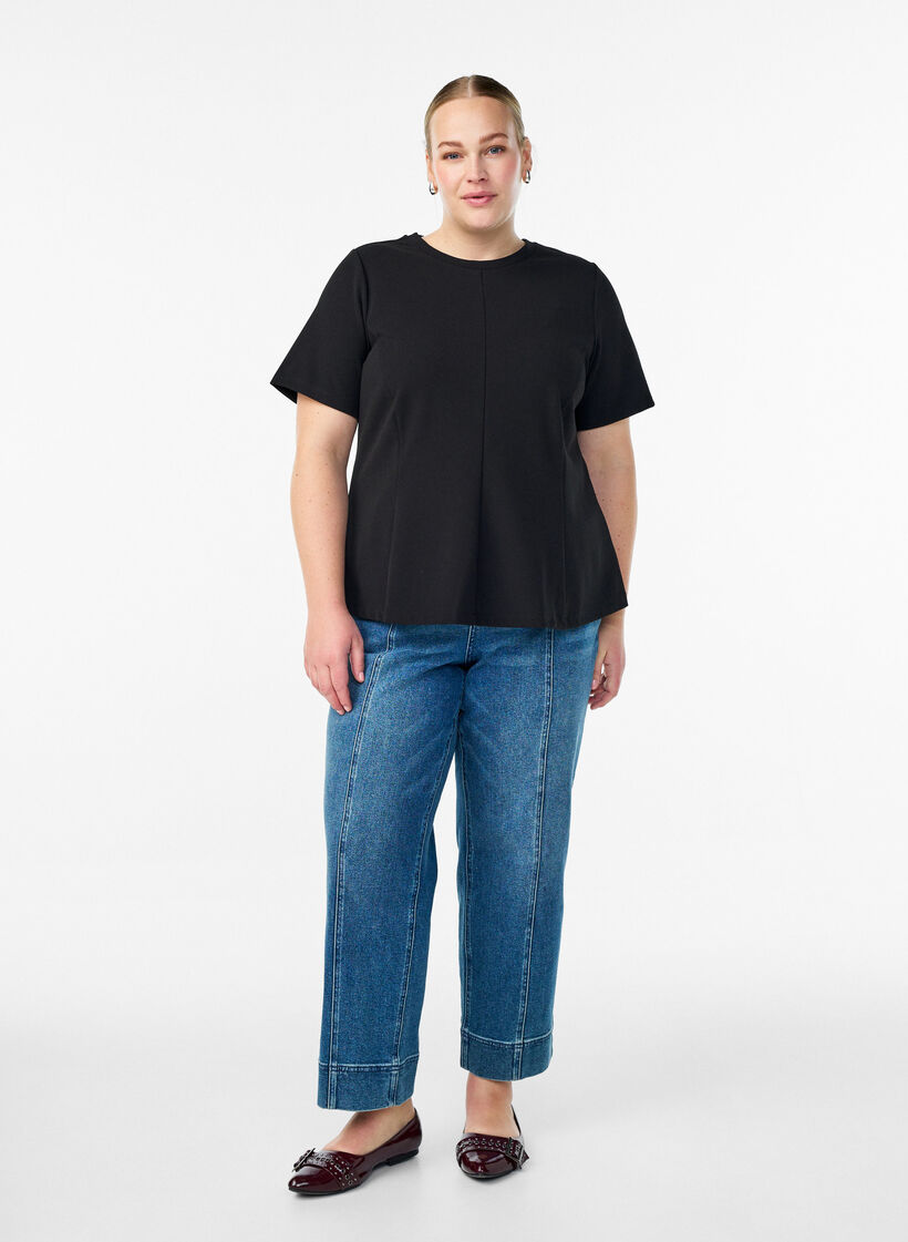 Kurzärmelige Bluse mit formgebenden Abnähern, Schwarz, Model image number 1